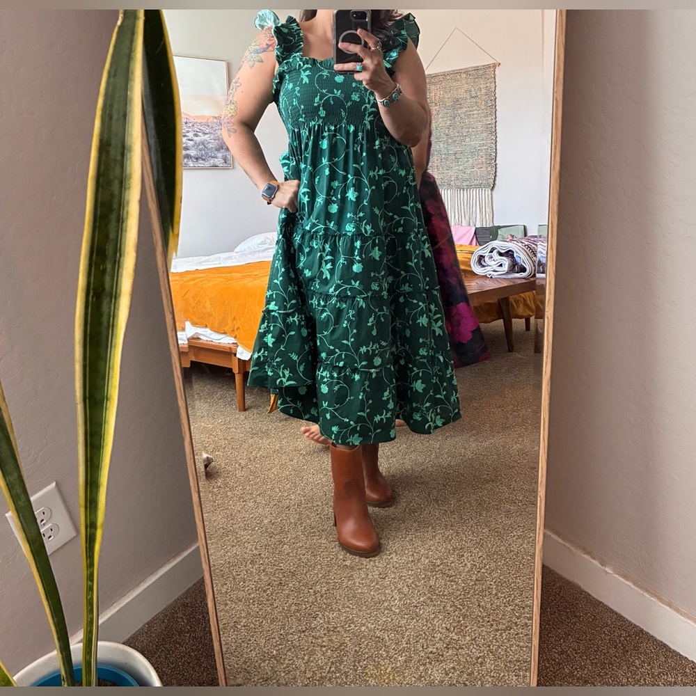 Hill House Home The Ellie Nap Midi Dress Green Botanical Smocked Ruffle Cotton